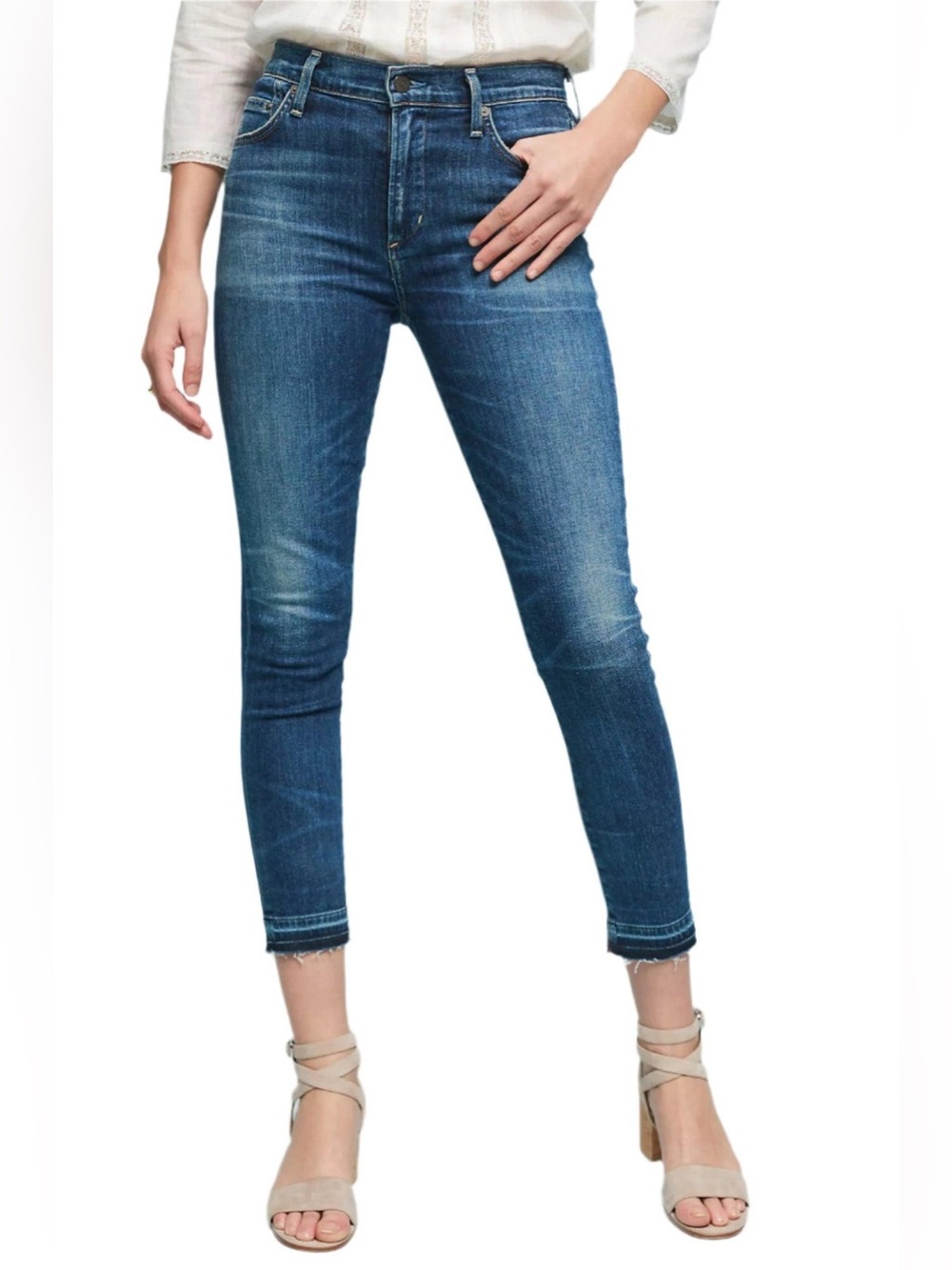 Citizens of Humanity 25 rocket crop high rise skinny raw hem blue denim cropped